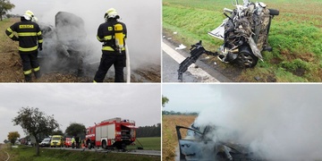 Čelní střet dvou osobních vozidel s následným požárem jednoho z nich