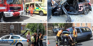 Nehoda dvou vozů, jeden skončil na chodníku a zasáhl i chodkyni